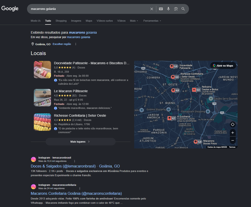 Captura de tela do Google Maps mostrando Docevidade Patisserie em primeiro lugar para a busca 'macarrons Goiânia', com 4 avaliações e nota 5,0