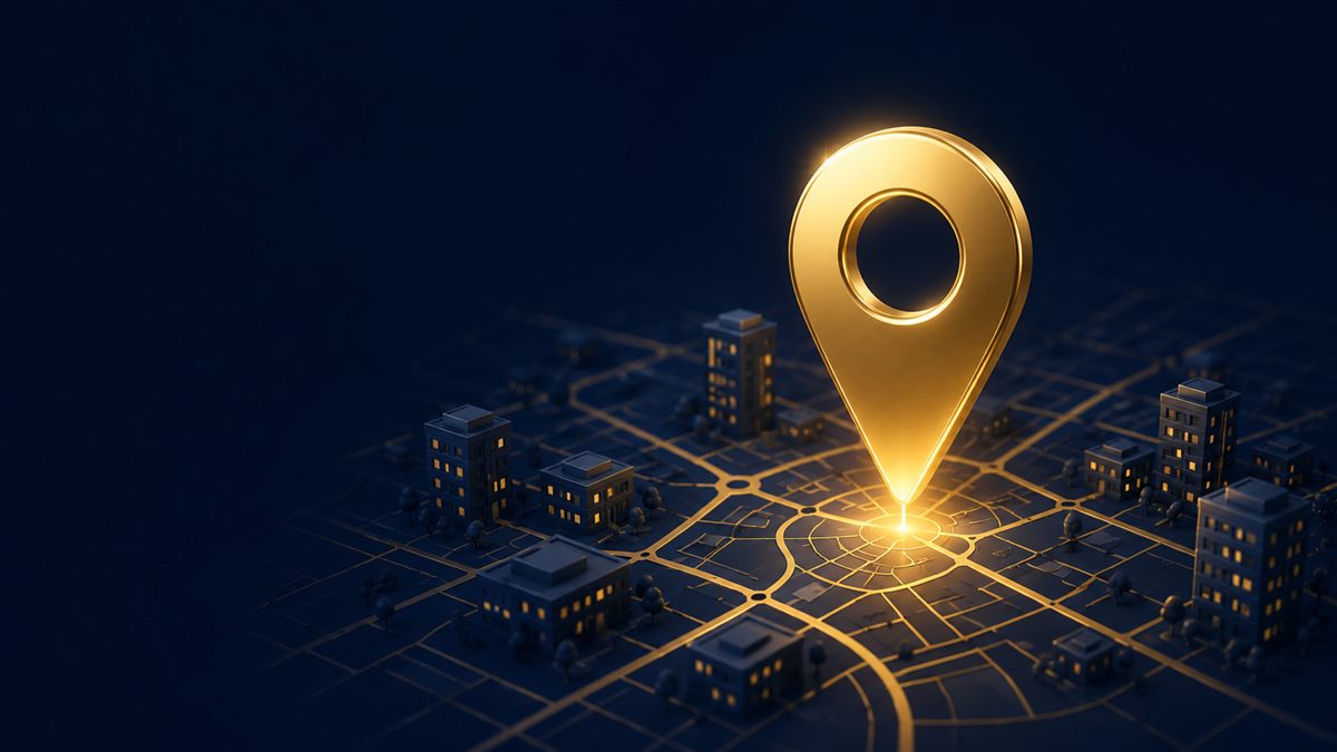 Pino dourado de localização sobre um mapa 3D de cidade — como aparecer no Google Maps