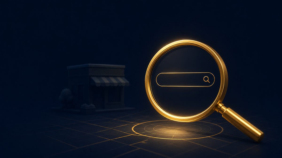 Lupa dourada com barra de busca e uma loja apagada ao fundo — empresa que não aparece no Google