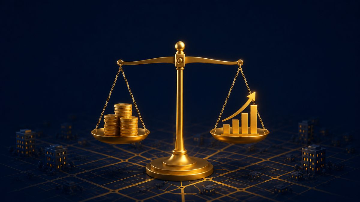 Balança dourada equilibrando moedas e um gráfico de crescimento — quanto custa uma consultoria de SEO local