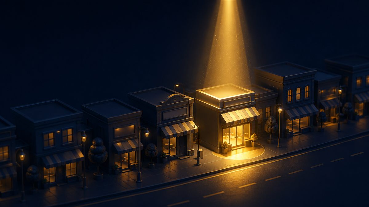 Rua de comércios à noite com uma loja destacada por um feixe de luz dourada — SEO para empresas locais