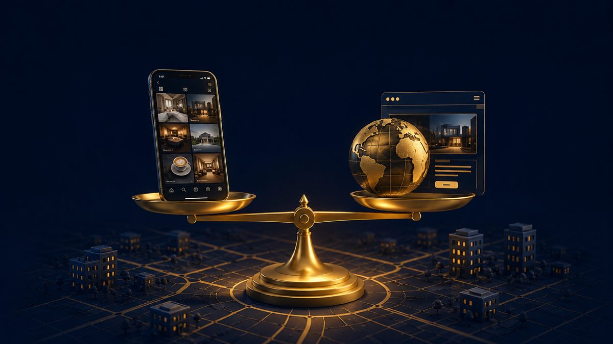 Balança comparando um celular com feed de fotos e um site — site ou Instagram para empresa local