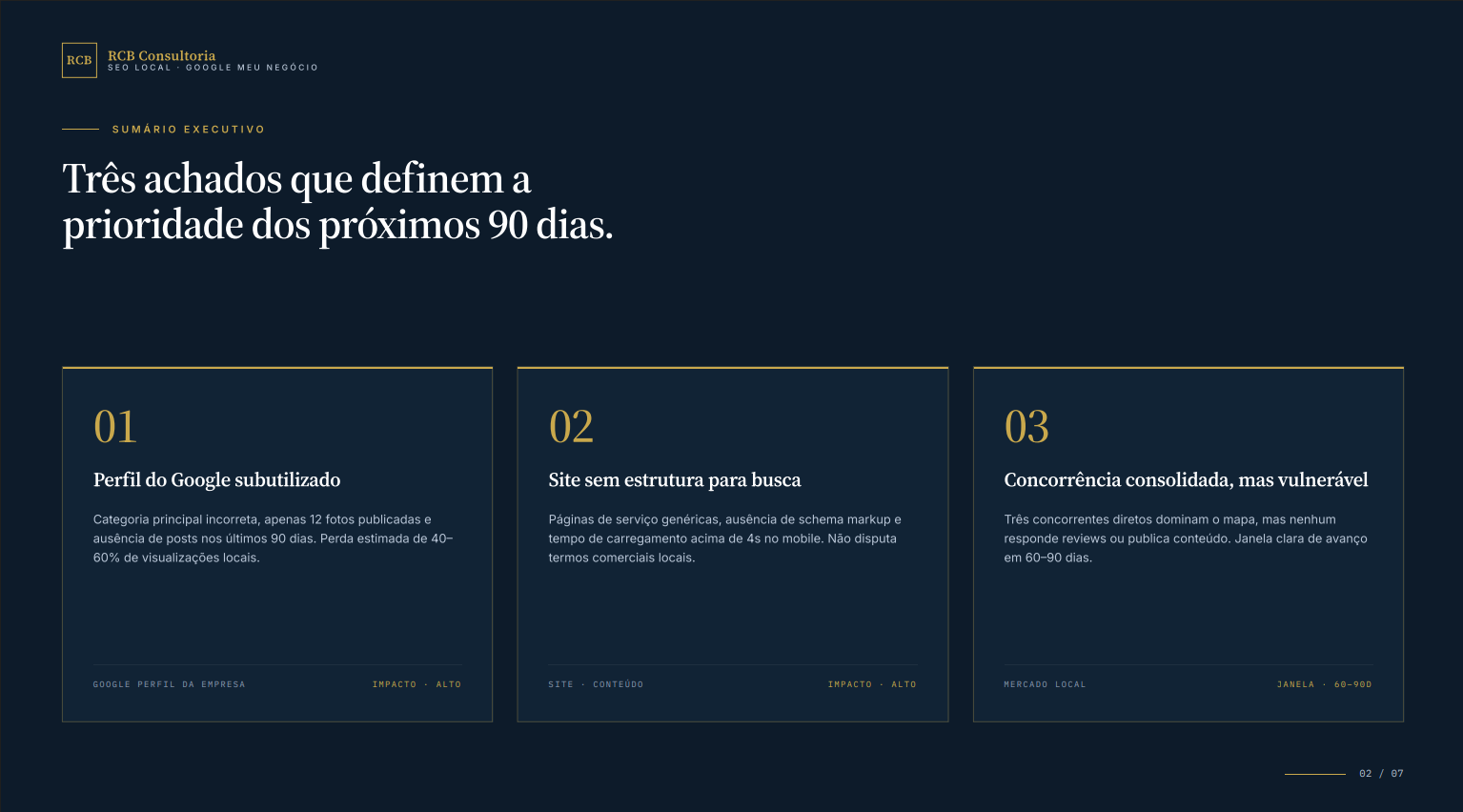 Sumário executivo do diagnóstico mostrando três achados principais